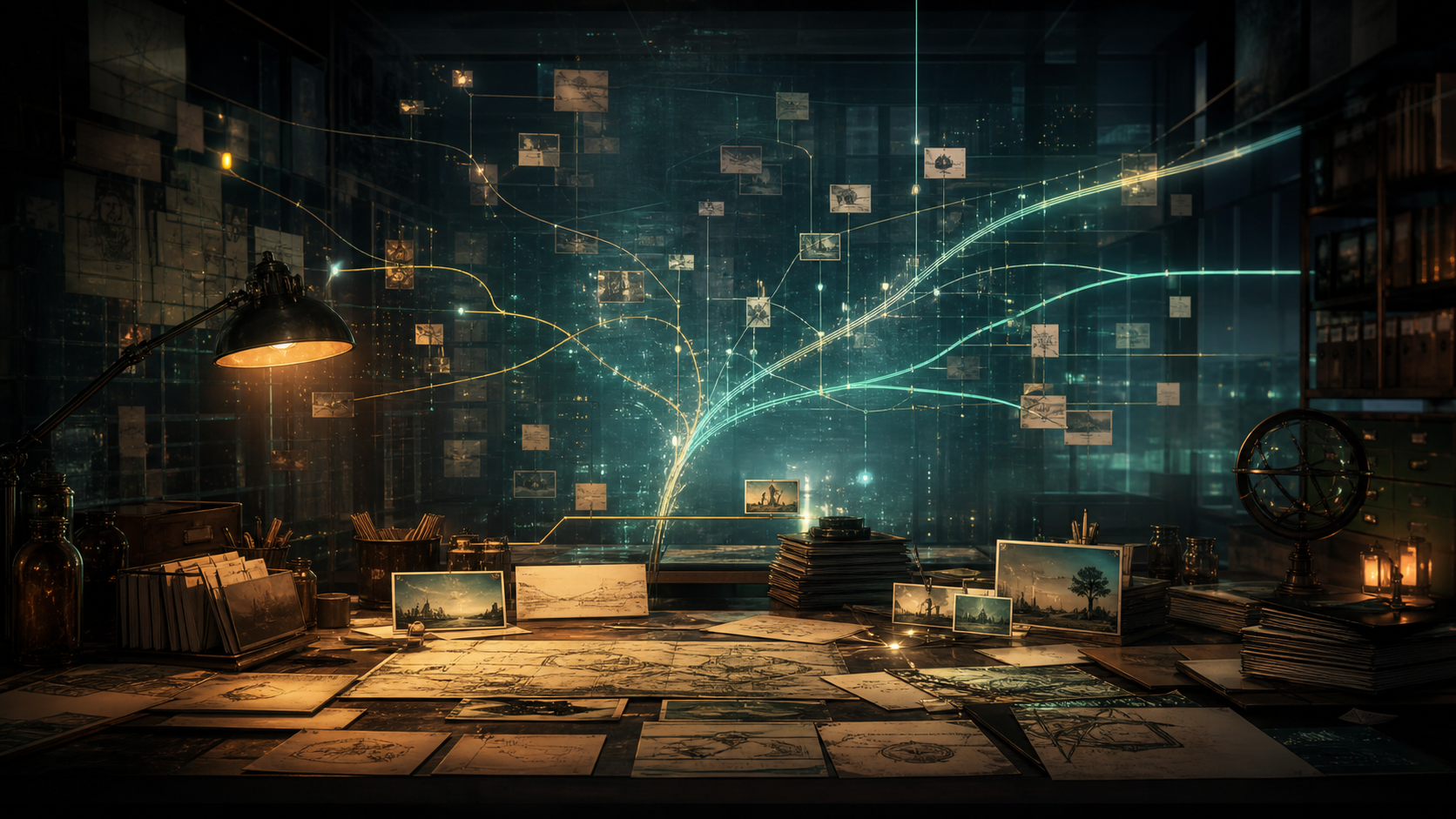 A dark speculative fiction lab filled with branching timelines and story artifacts.