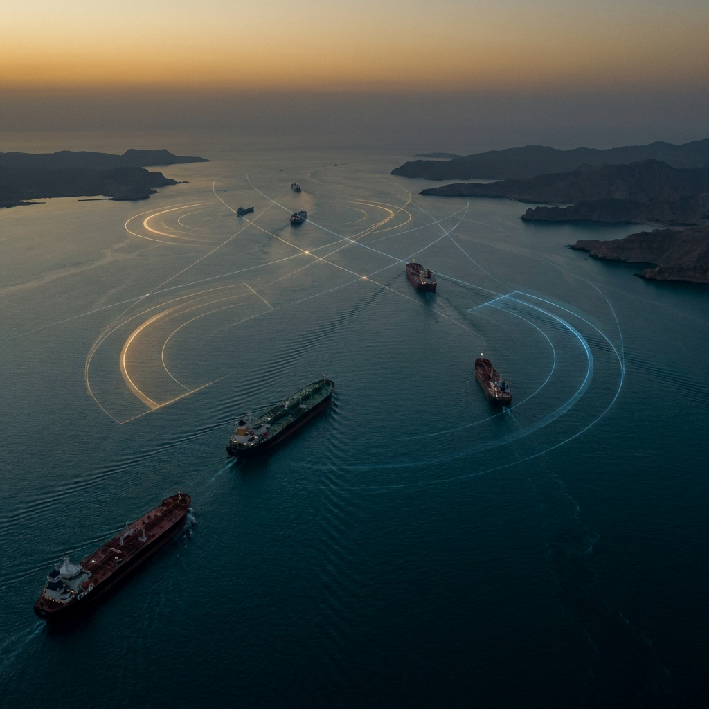 Editorial cover art showing tankers moving through the Strait of Hormuz at dusk with subtle radar arcs and energy-market signal lines.
