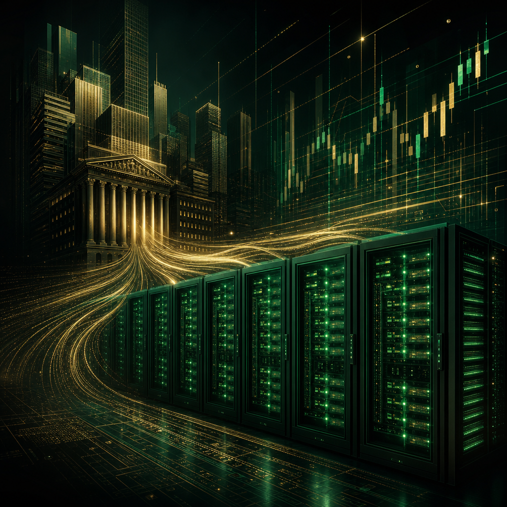 Original cover art for The Synthetic Lens episode NVIDIA Wants Wall Street to Underwrite the AI Factory, depicting AI compute infrastructure and institutional finance.